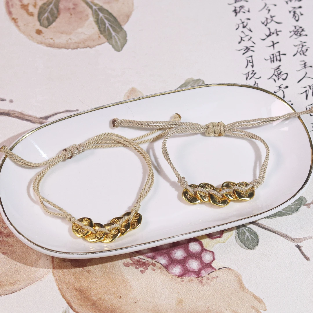 合金布艺手链 合金随形铜钱编绳手链 Q1405 多样性发一 颜色微差