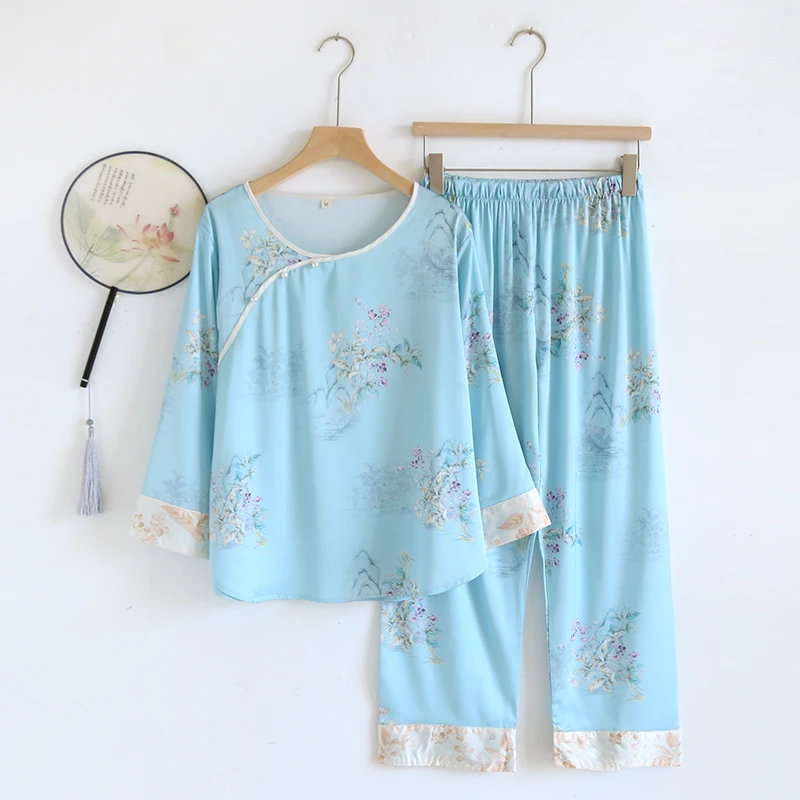 2新品上新柔光软丝家居服睡衣八分袖八分裤套装
