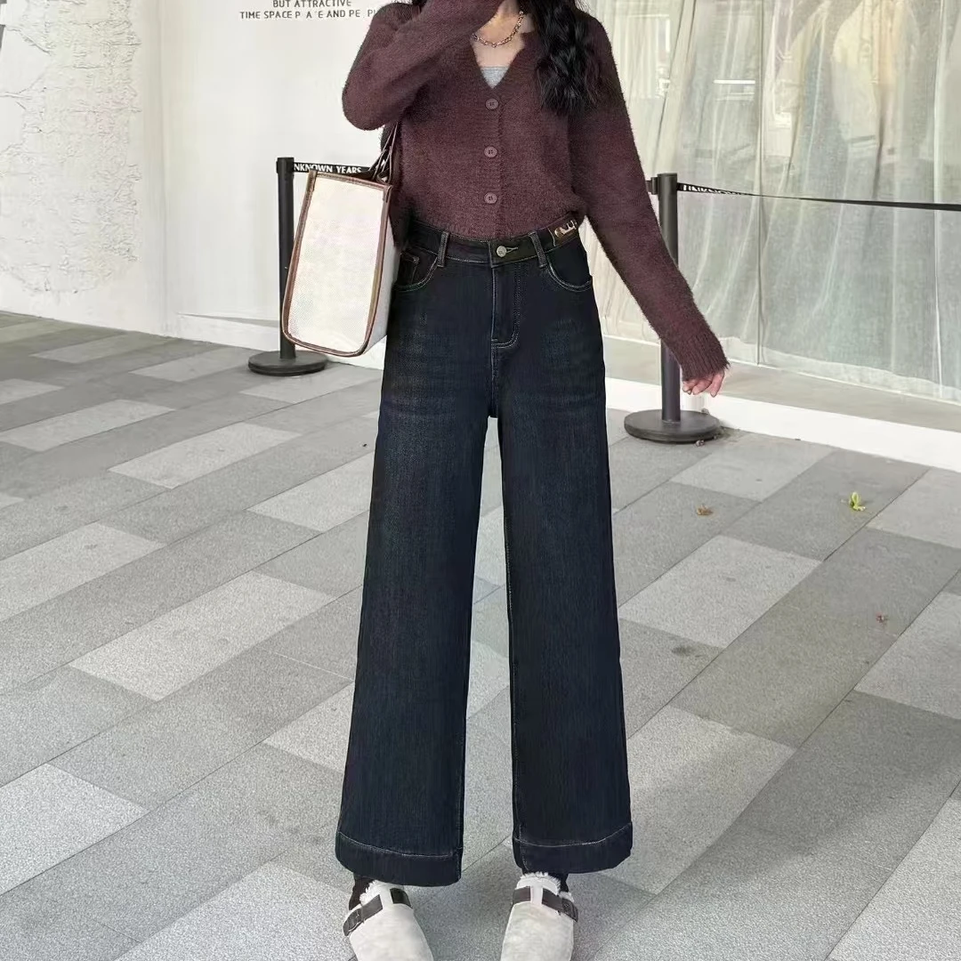 冬季加绒新款韩版复古蓝显瘦女牛仔奶奶裤