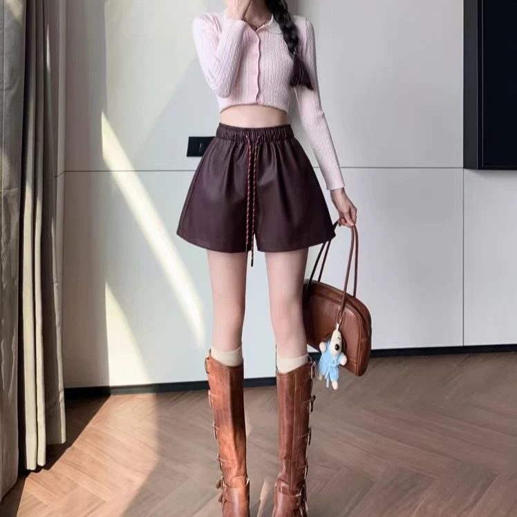 休闲皮短裤女2024新款秋冬季皮裤高腰a字显瘦阔腿裙裤子-6