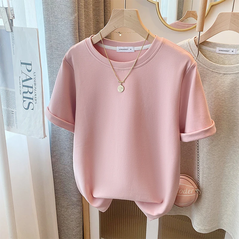2025新款加厚正肩磨毛t恤女短袖内搭保暖简约纯色软糯打底衫上衣