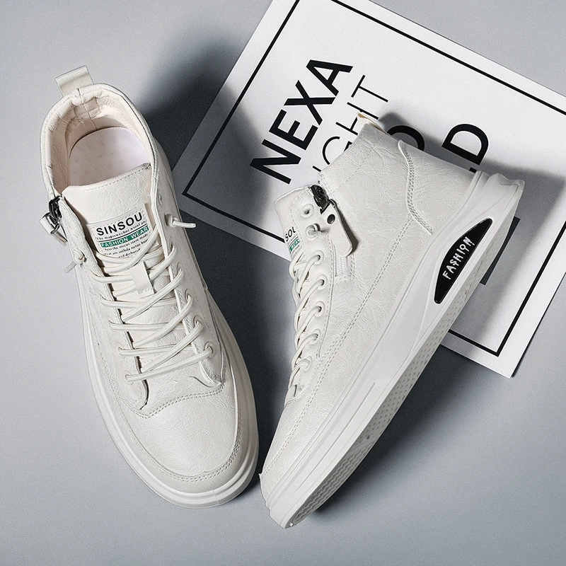 2023秋季男鞋英伦风高帮板鞋子男士ins小众休闲皮鞋软底小白潮鞋