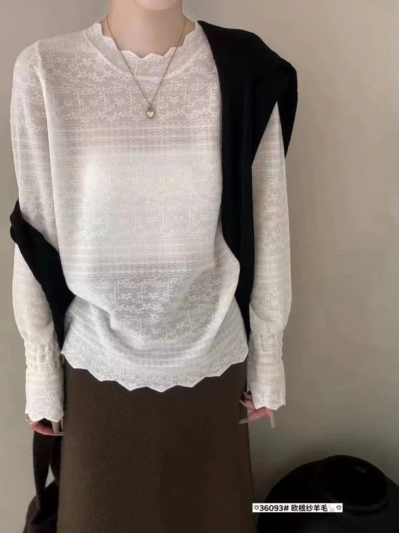 半高领蕾丝花边气质纯色软糯荷叶袖针织打底衫