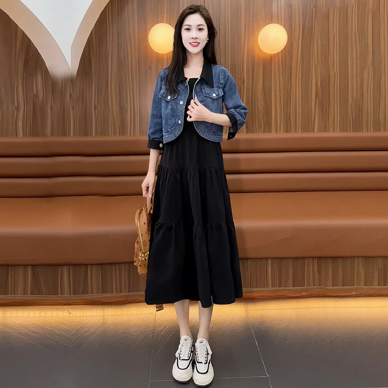 时尚牛仔外套套装女春秋2025新款韩版小个子减龄中长款裙子两件套