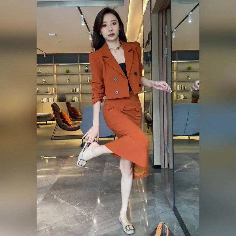 轻奢时尚套装裙年春夏气场强大纯色修身显瘦双排扣西服外套半身裙
