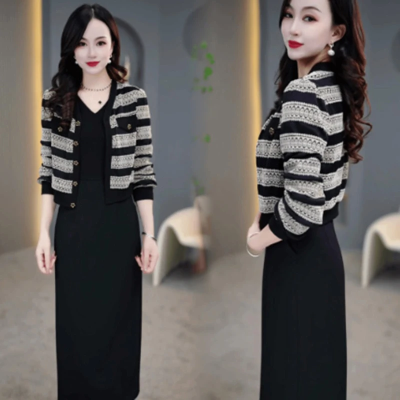 时尚气质条纹外搭中长款连衣裙两件套女2025春季新款休闲显瘦套装