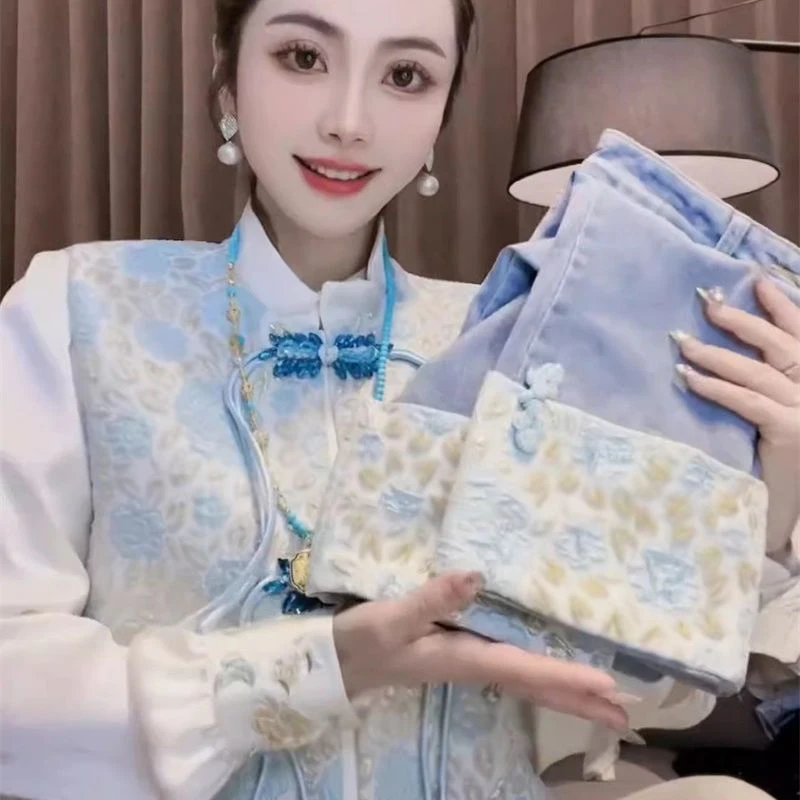 刺绣新中式牛仔长裤女士2025春夏新款设计感高腰显瘦百搭阔腿裤潮