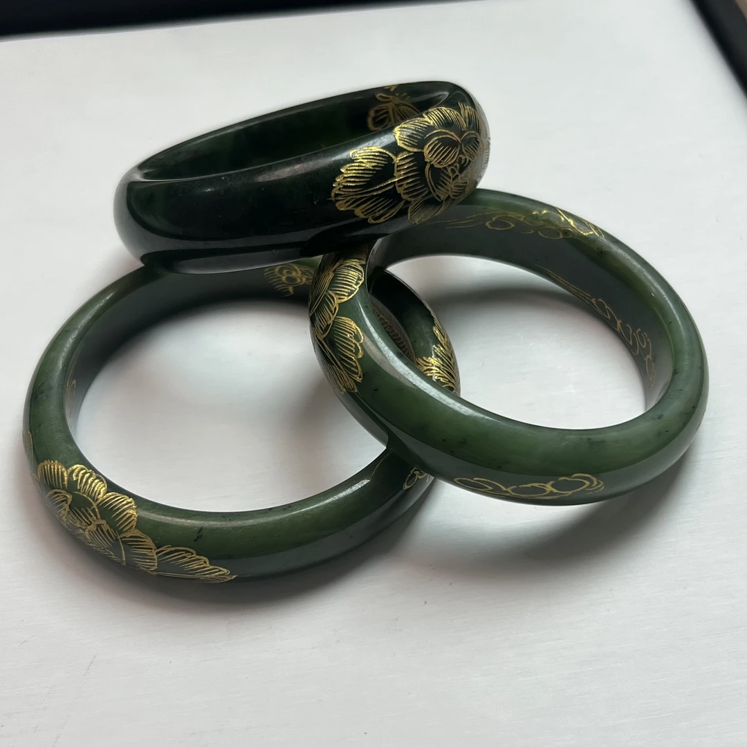 G01天然和田玉描金手镯 全口54-62 多样性发其一