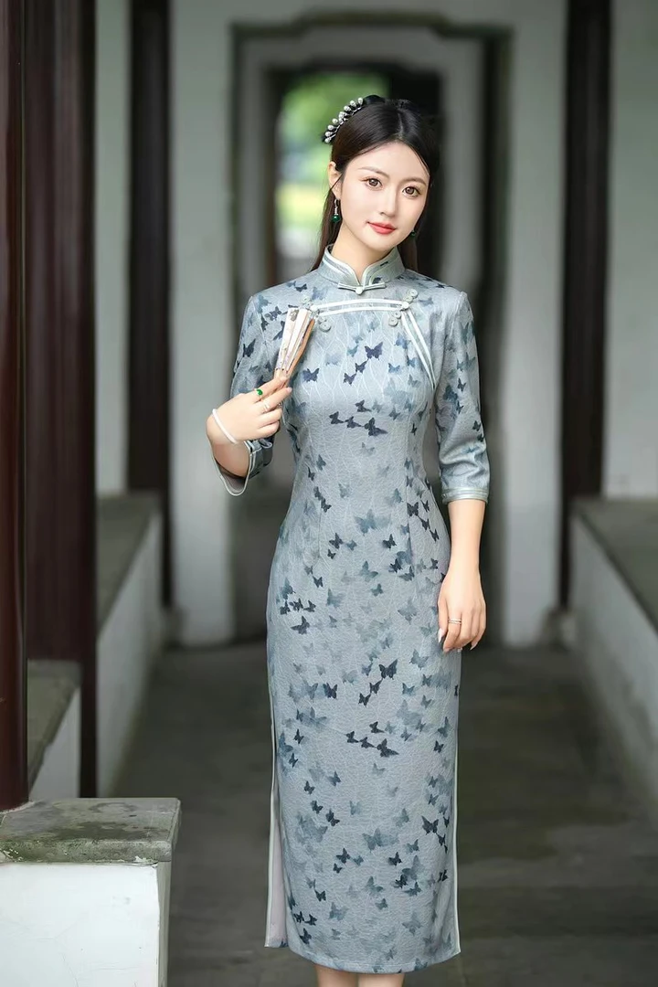 飞蝶》120cm长款i春夏新中式春夏网红复古i高贵上档次女装国风旗袍