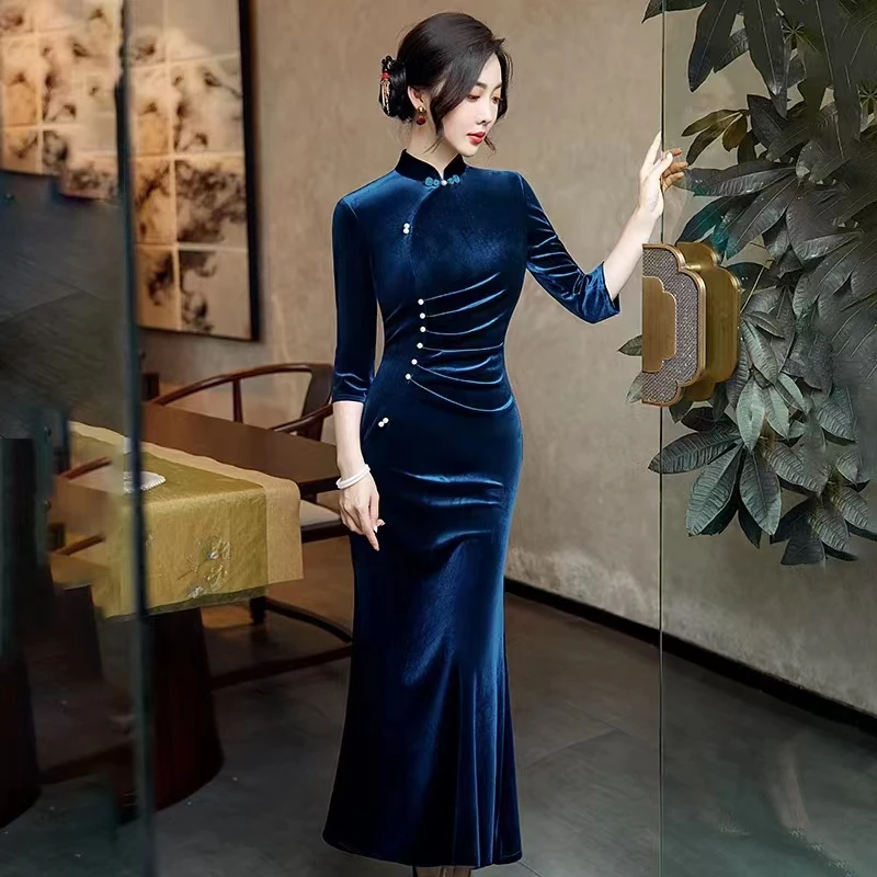 《一枝独秀》130cm高端简约丝绒旗袍女中式改良鱼尾裙优雅气质礼服