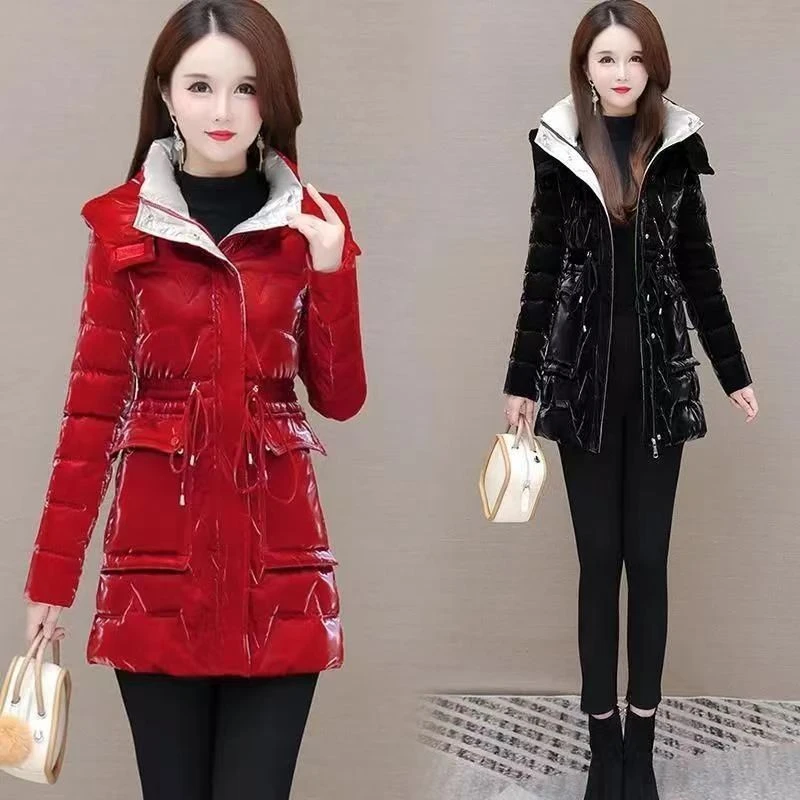 亮面免洗珠光炫彩棉服女中长款秋冬新款加厚修身显瘦棉服棉袄