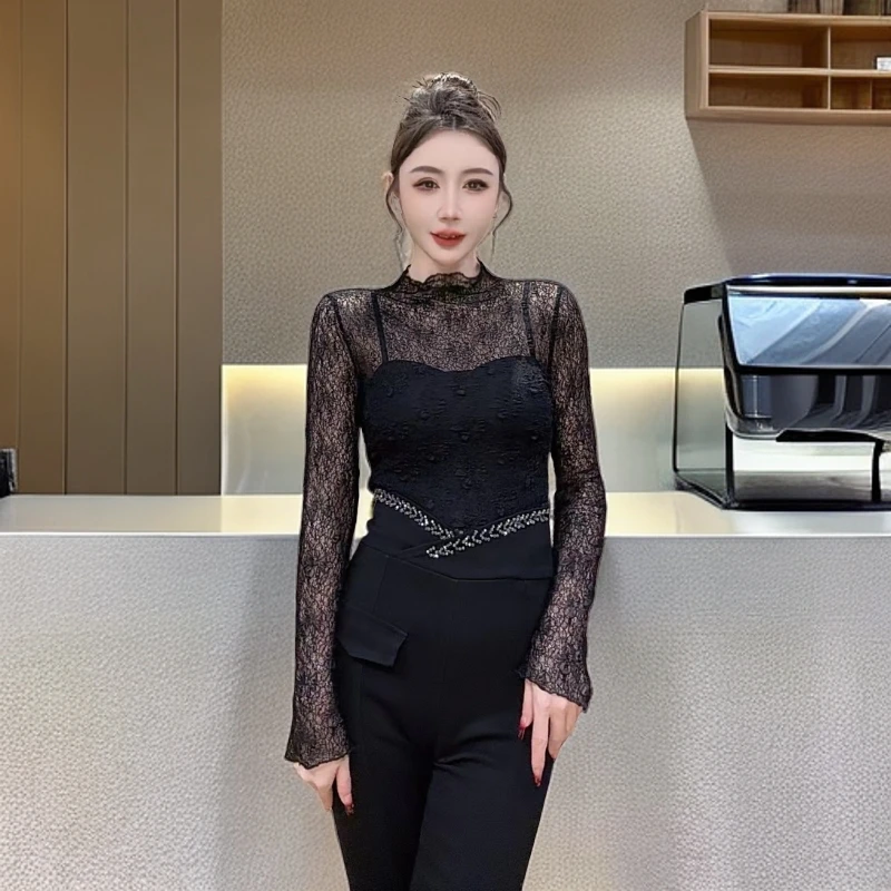 【嘉嘉专享】11055秋季新款半高领蕾丝打底衫洋气小衫上衣