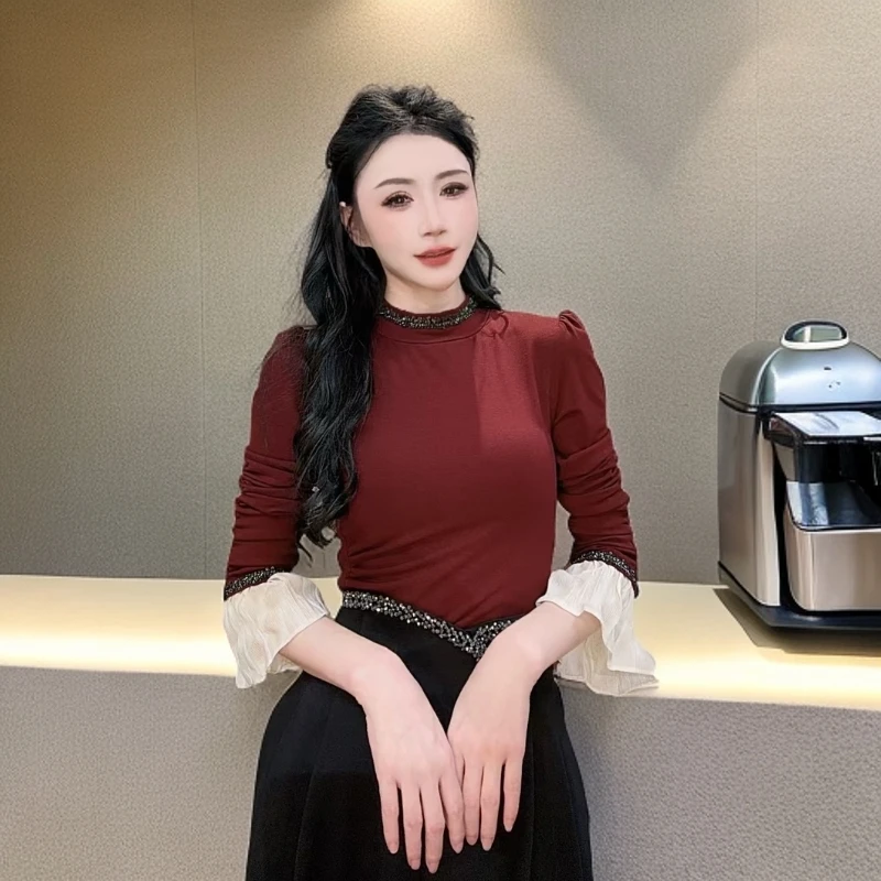 【美美专享】77529秋冬新款时尚修身镶边T恤上衣女