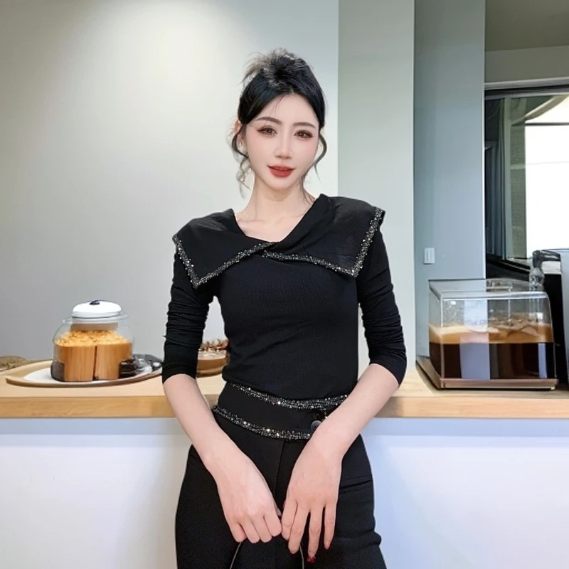 【美美专享】13331秋季新款法式一字肩长袖T恤上衣女