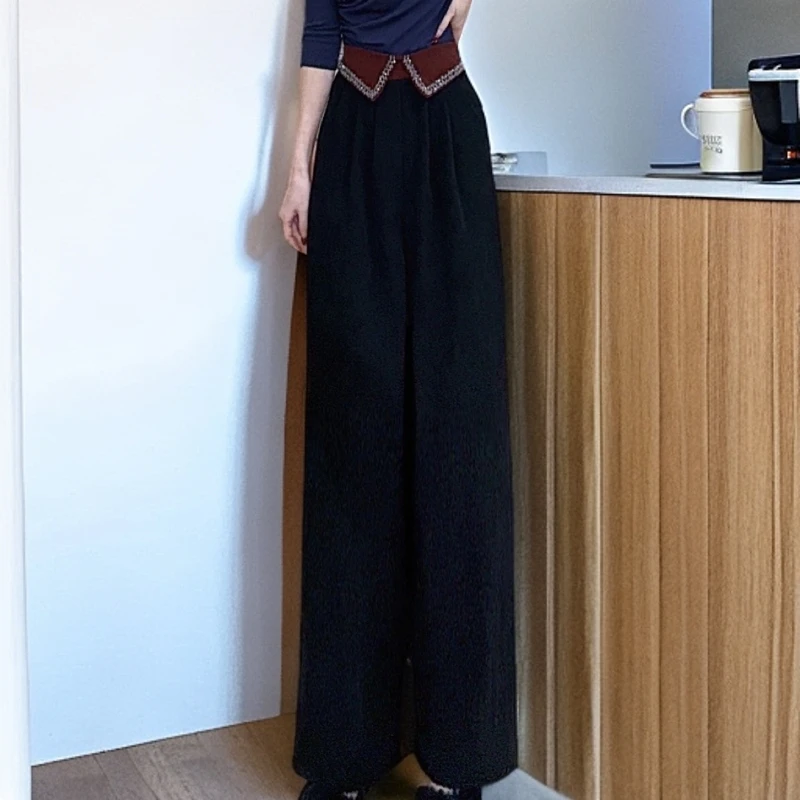 【美美专享】88335秋季新款百搭重工钻边直筒阔腿裤女
