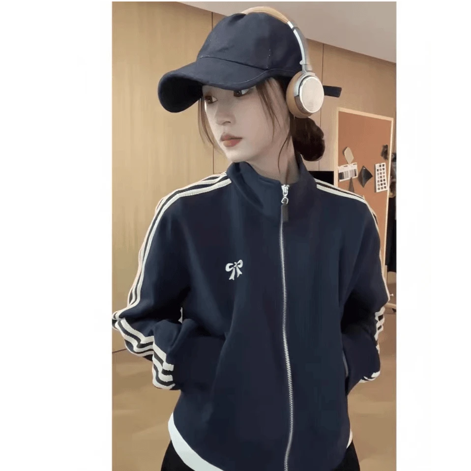 立领棒球服外套2024春秋新款设计感刺绣条纹显瘦休闲开衫夹克上衣