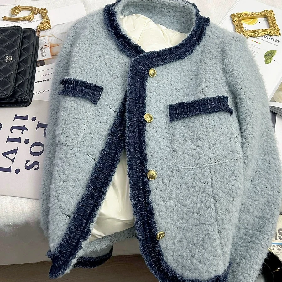 2460#内里加厚蓝色法式小香短外套女冬装新款气质加厚保暖高级感