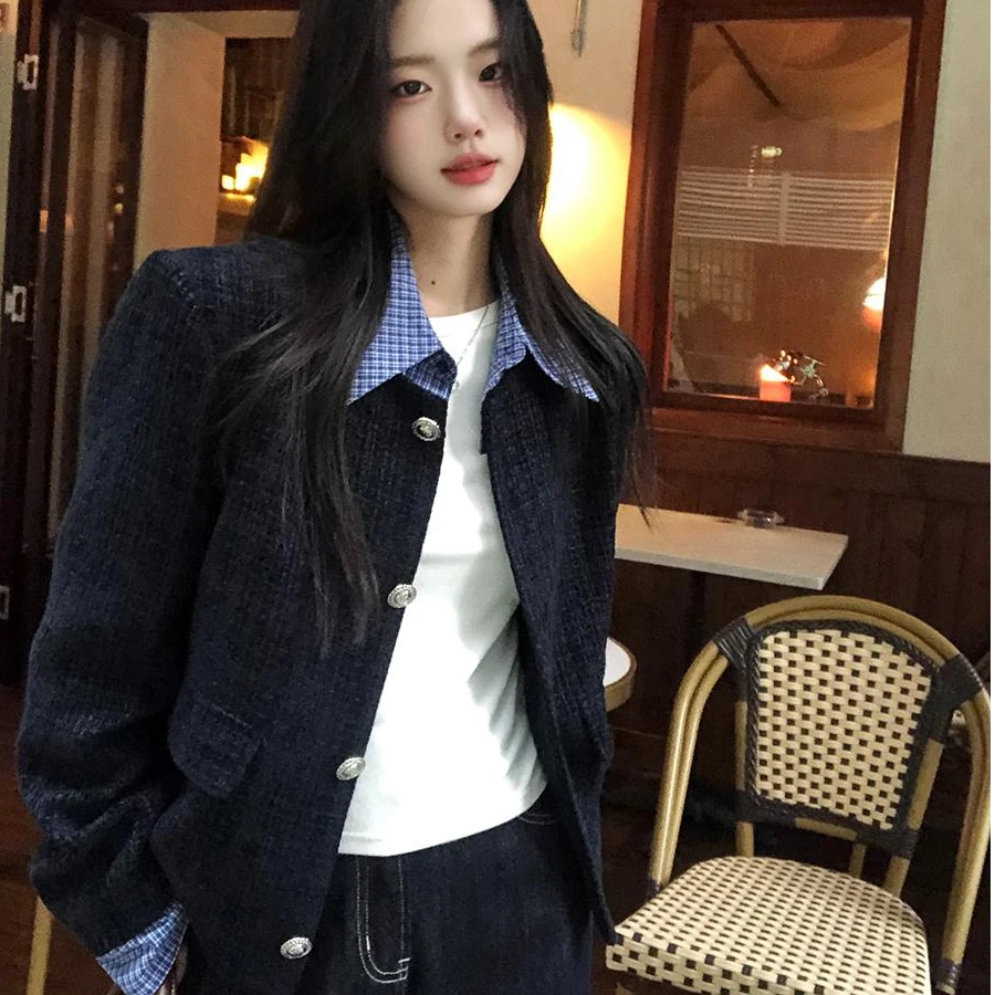 格子拼色小香风短款外套女2025春秋洋气新款时尚高级感气质粗花呢