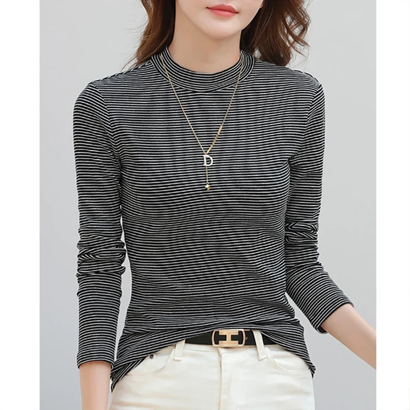 2024秋季新款复古条纹半高领弹力显瘦上衣文艺长袖打底衫女秋冬款