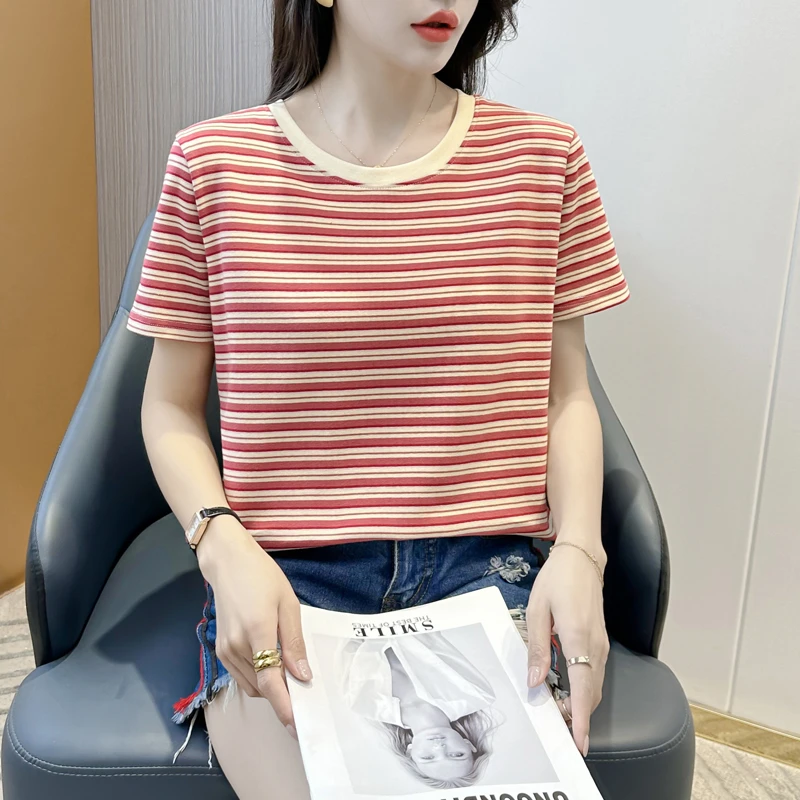 2025年夏季新款撞色条纹ins风经典短袖T韩版显瘦洋气女士圆领半袖