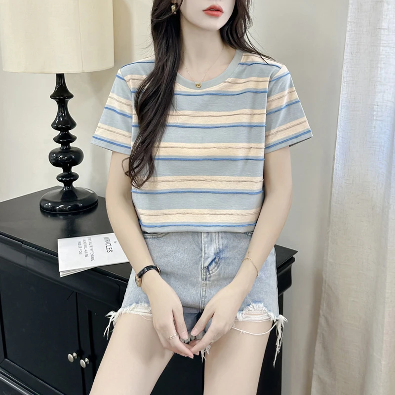 2025夏款圆领爽棉提花平纹小清新条纹短袖t恤上衣女洋气百搭时尚