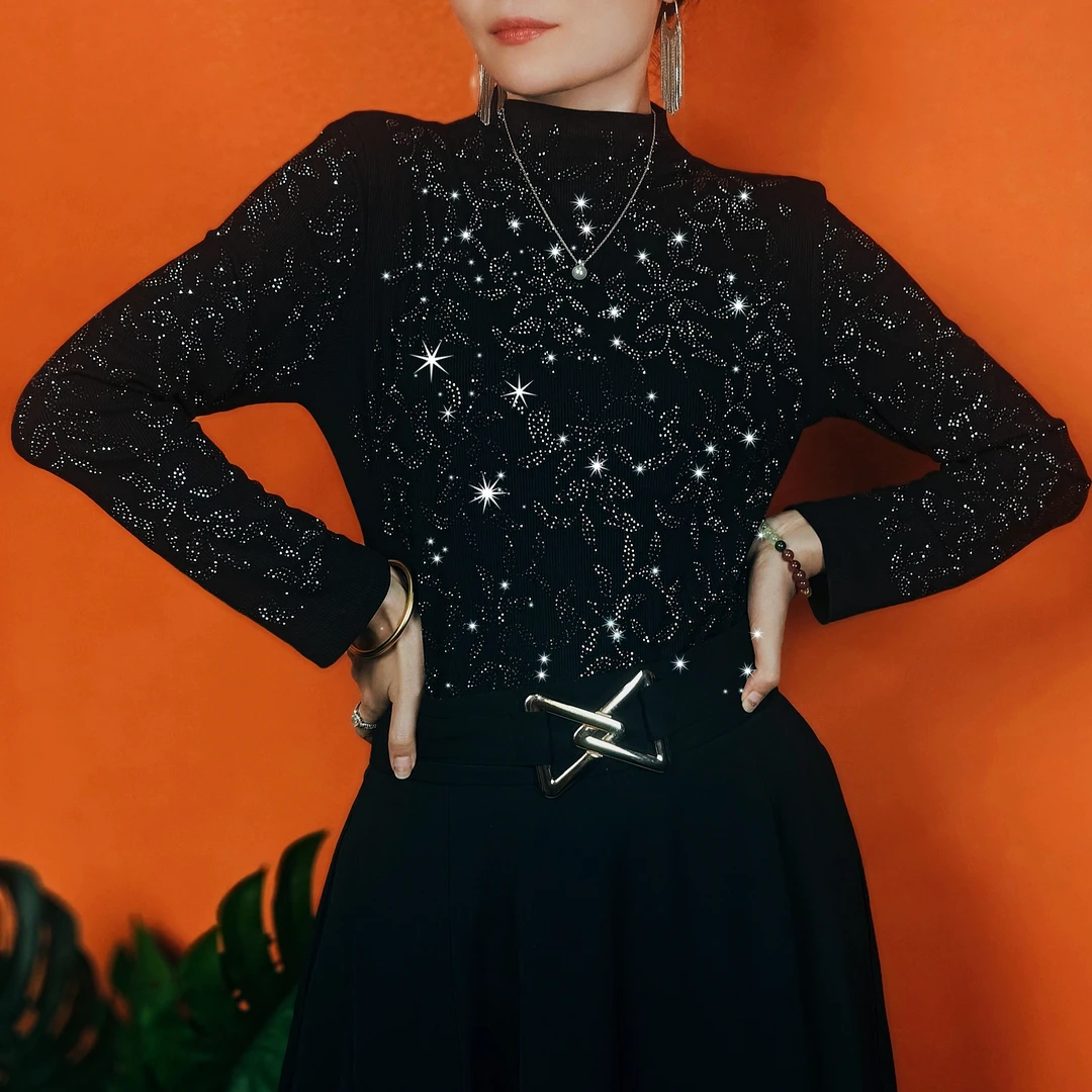 【富贵花-半高领】洋气百搭气质时尚宽松舒适保暖黑色打底衫