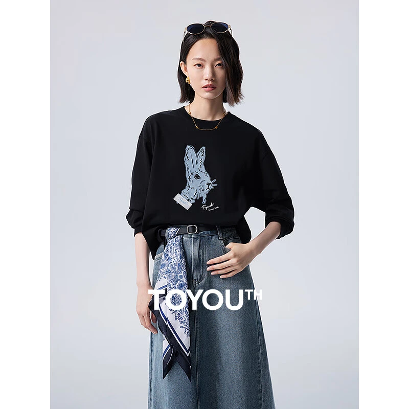 TOYOUTH初语秋季新款设计感重工兔子长袖T恤女宽松8431803