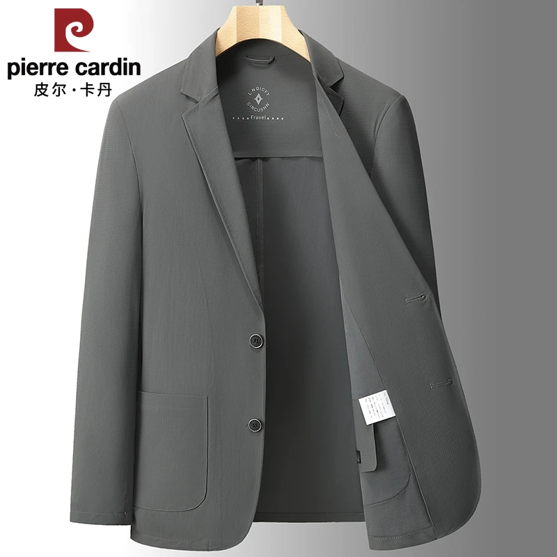 皮尔卡丹春季新款休闲西服男中年单西外套修身纯色薄款小西装上衣