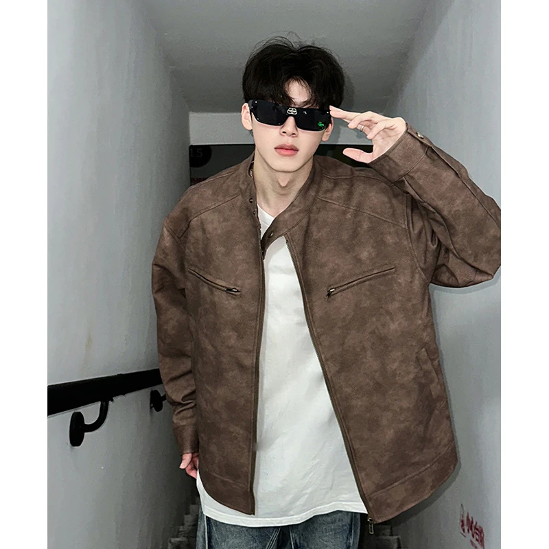 美拉德棕色皮衣外套男秋季高级感美式机车夹克cleanfit立领飞行服