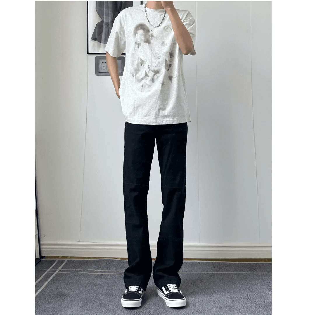 cleanfit黑色弯刀牛仔裤男款美式高街微喇裤子高个子显瘦直筒裤