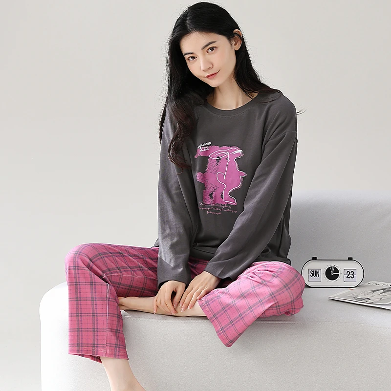 睡衣女秋冬季纯棉长袖女两件套套装秋冬家居服双面全棉R1326