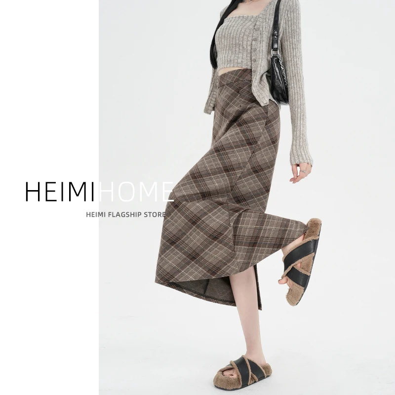 格纹半身裙女秋冬加厚直筒开叉a字裙中长款小个子加绒毛呢格子裙