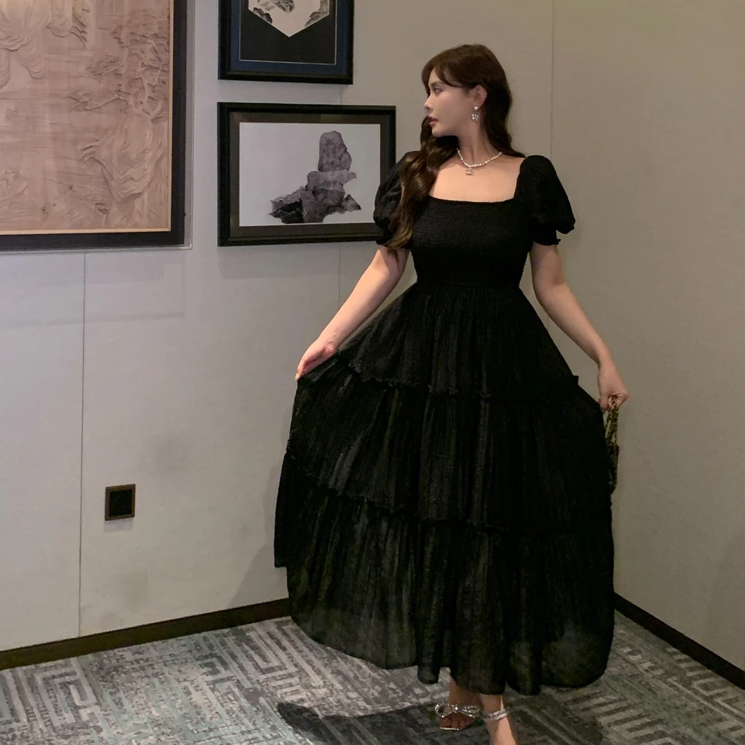 MB大码女装【爱尔兰南岸】夏新款高级定制精致复古方领女神范连衣裙