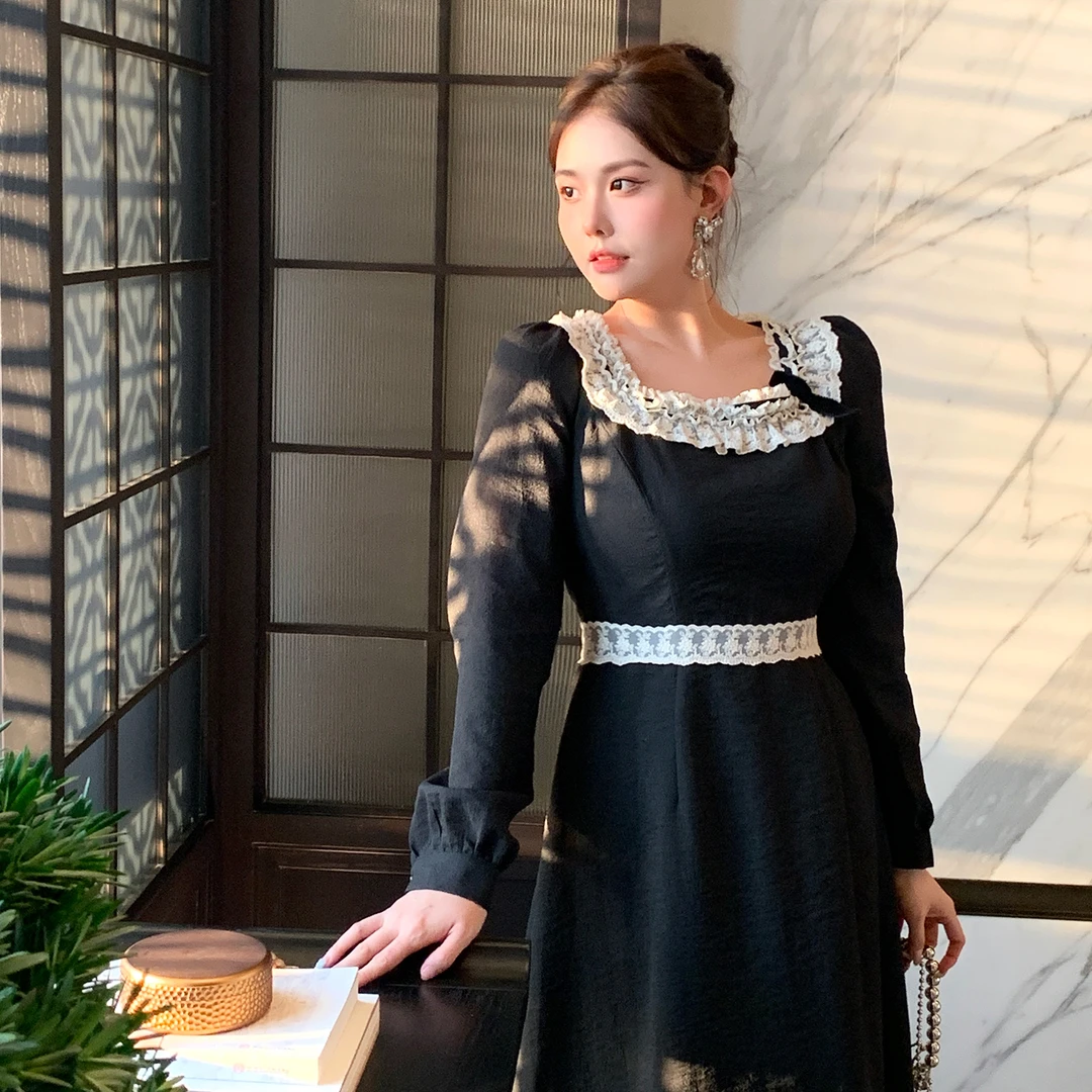 金金×MB大码女装【丽兹千金】2024秋季新款法式复古蕾丝方领连衣裙