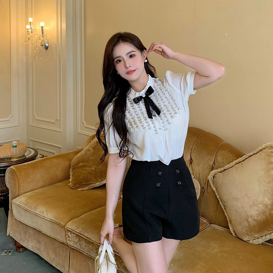 金金×MB大码女装【半香缇卡】甜美减龄洋气衬衫+短裤套装