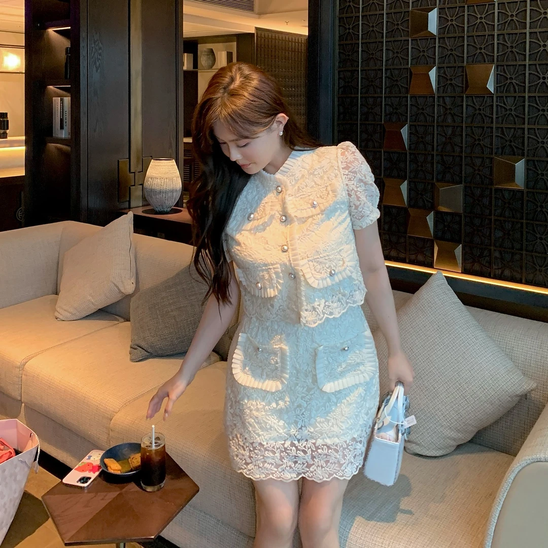 MB大码女装【千金温斯顿】2025新款高级感减龄短款蕾丝小香风套装