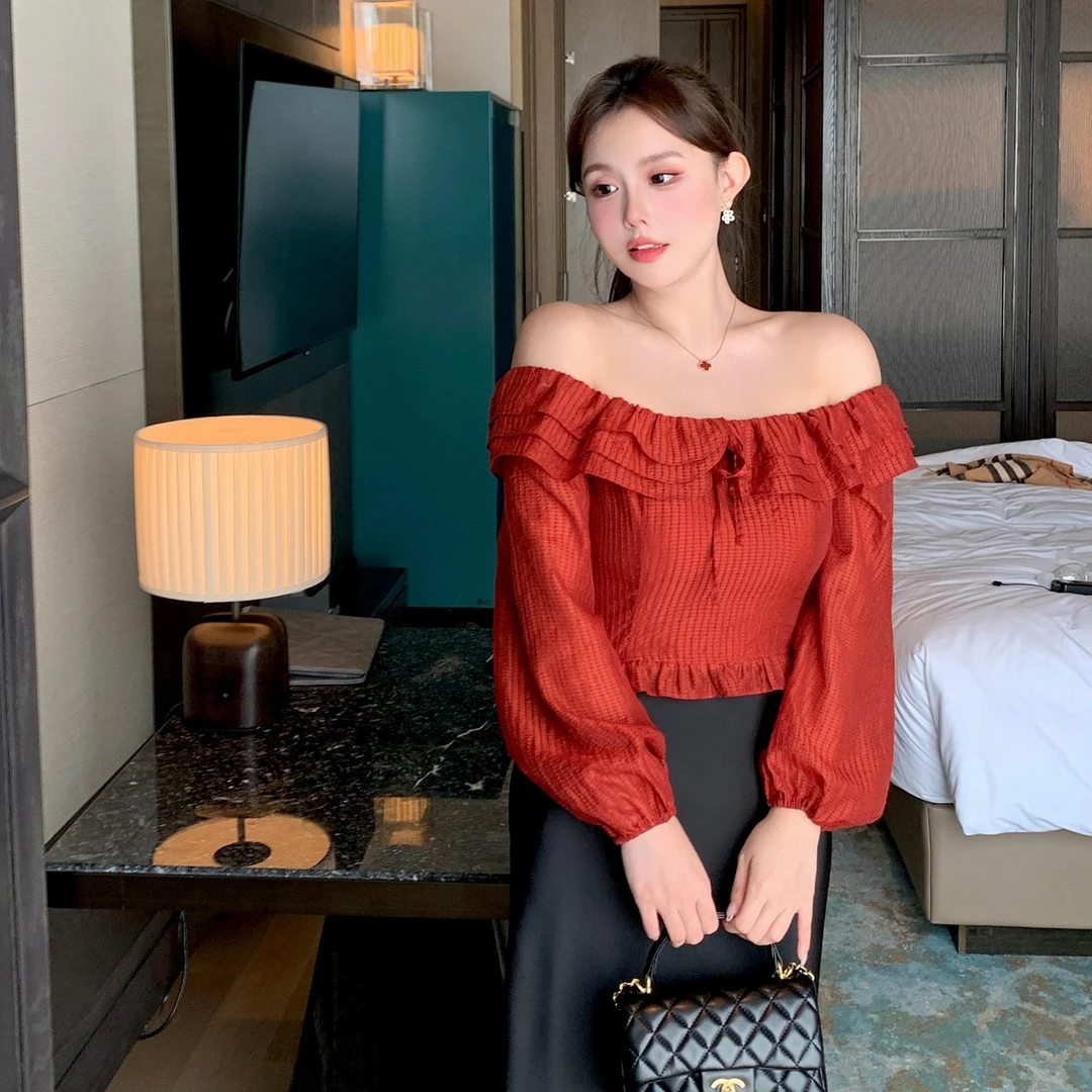 MB大码女装【迷醉时刻】2025秋冬小众露肩荷叶边衬衫高腰鱼尾半裙