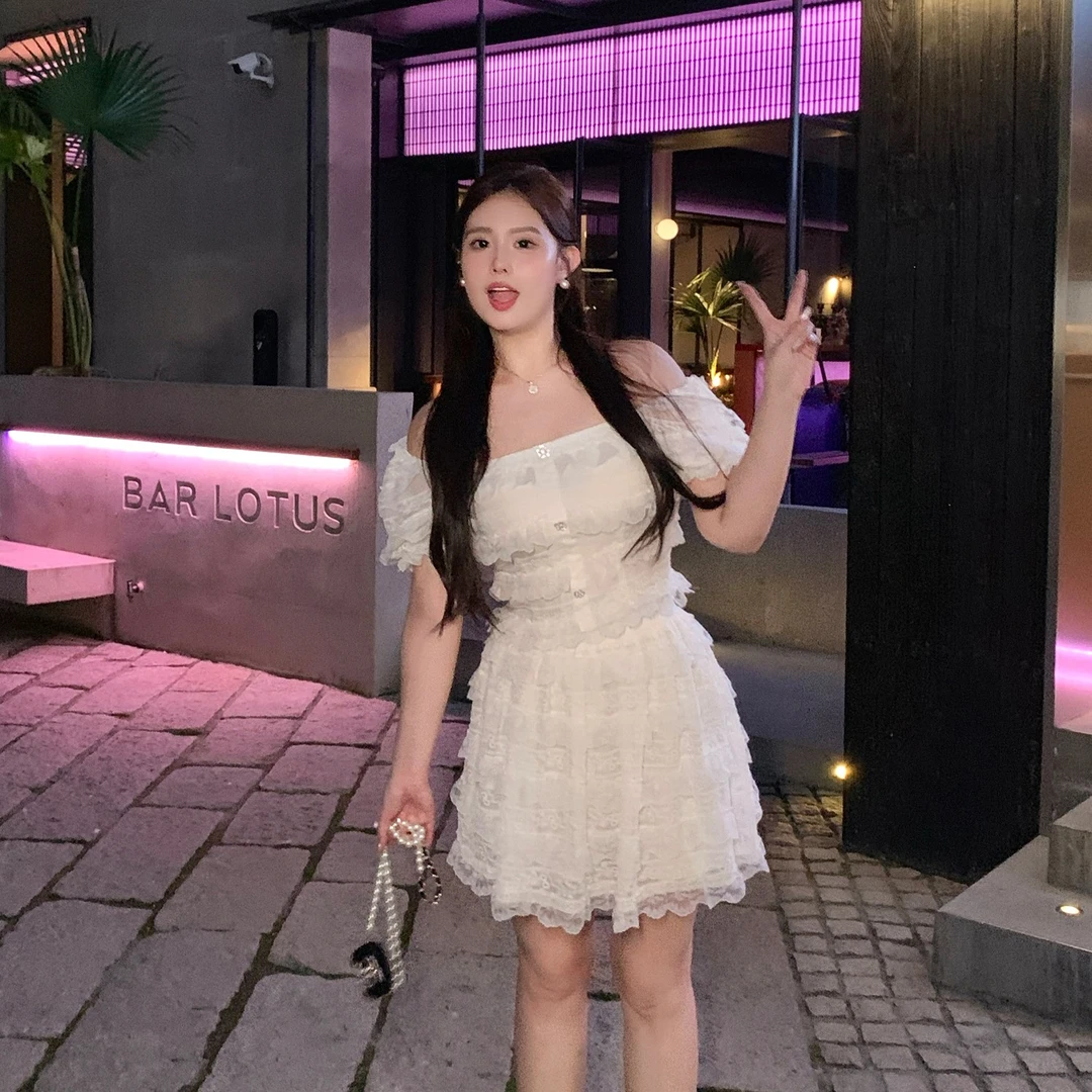 金金×MB大码女装【恋爱ING】泡泡袖蕾丝绣花衬衫+气质蛋糕短裙套装