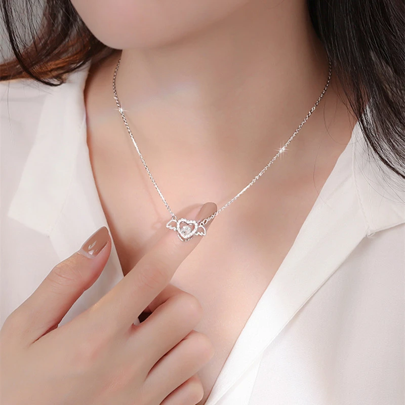 吊坠925银 纯银守护天使翅膀爱心项链女ins锁骨链轻奢小众设计感