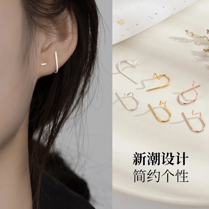 925银耳饰 925纯银线条耳钉女新款养耳洞几何耳钉简约冷淡风耳饰
