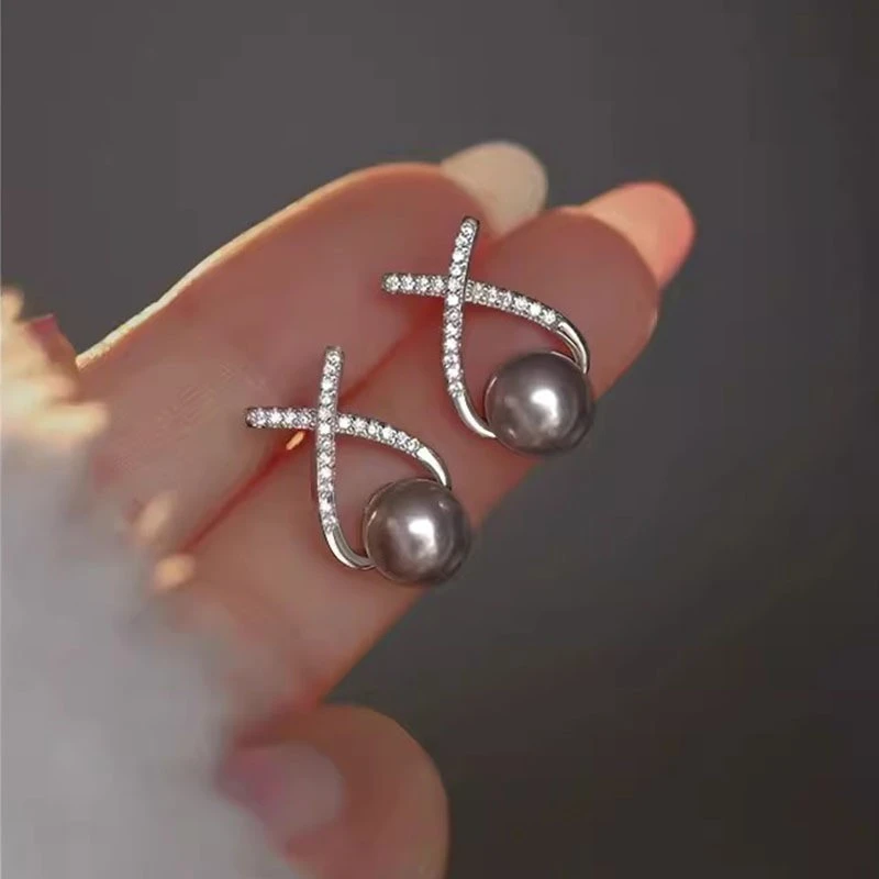 925银耳饰 纯银交叉珠耳钉女小众设计法式高级感镶钻2024新款气质