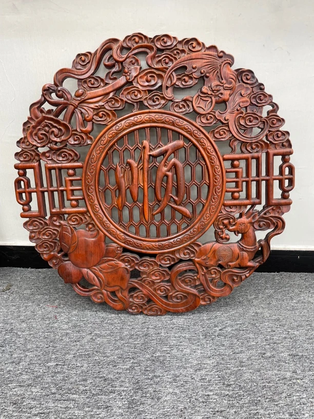 （加厚款）东阳木雕 直径80cm 福禄寿喜（顺）香樟木实木雕刻客厅挂件