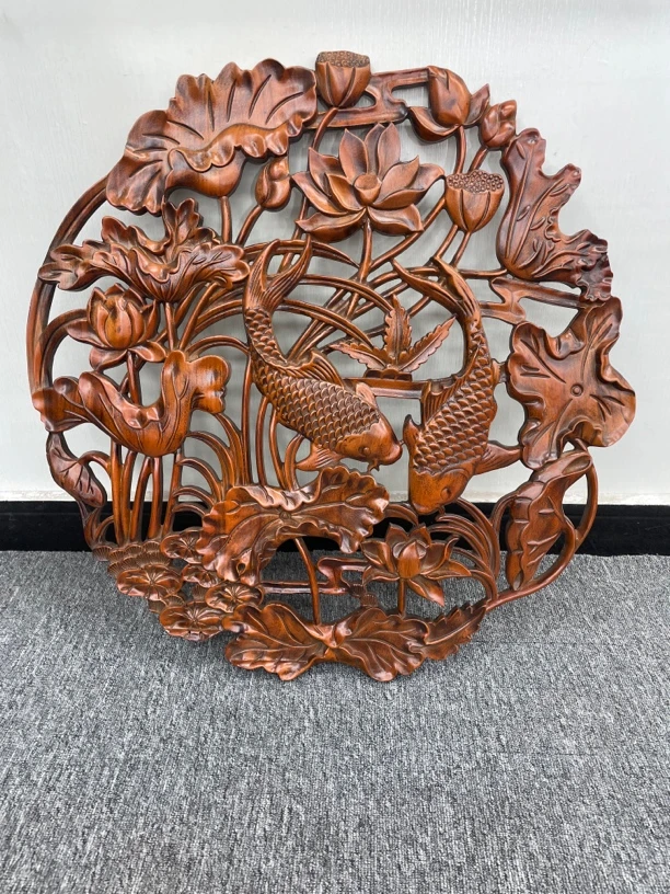 （加厚款）东阳木雕 直径80cm 荷花鱼香樟木实木雕刻挂件（两条鱼）