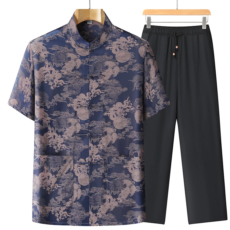 恒源祥彩羊唐装男中老年中国风短袖套装老人夏装薄款爸爸装爷爷装