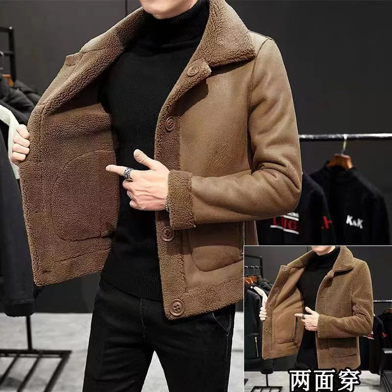 捡漏新款冬季双面穿翻领皮毛一体男士加绒加厚中老年棉衣外套棉服