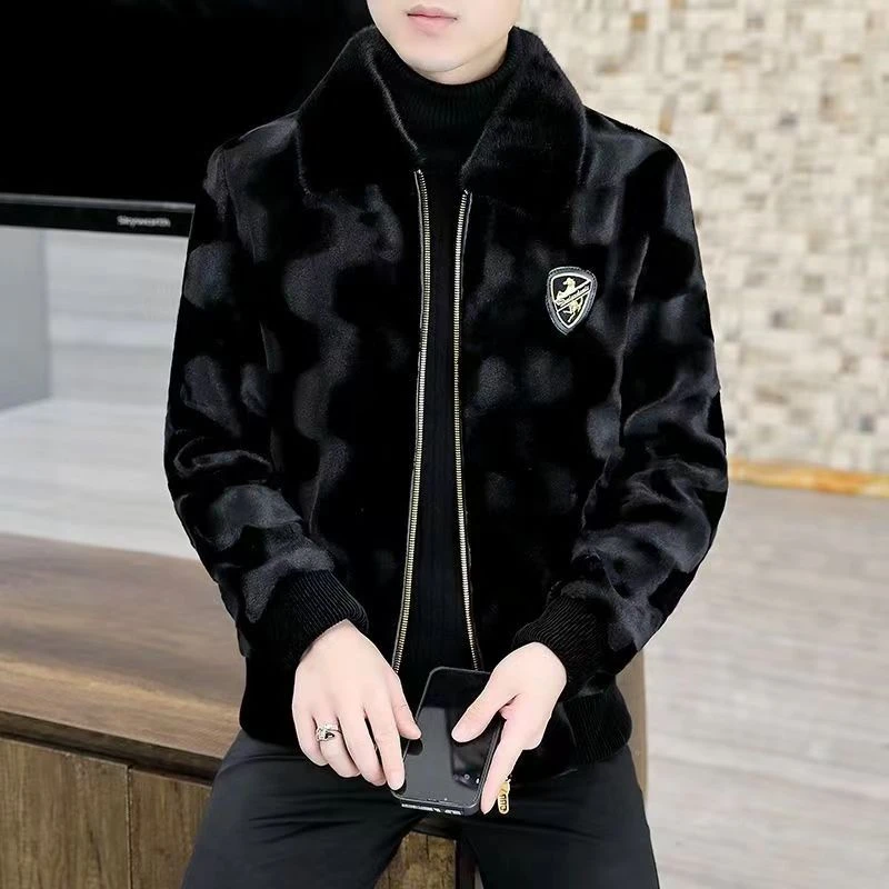 爆款海宁秋冬季男士休闲皮衣男装加绒加厚仿貂绒反季大码外套潮