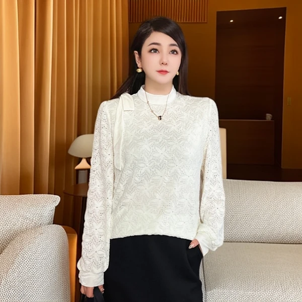 【白雪】秋冬新款气质百搭显瘦甜美蕾丝上衣L183