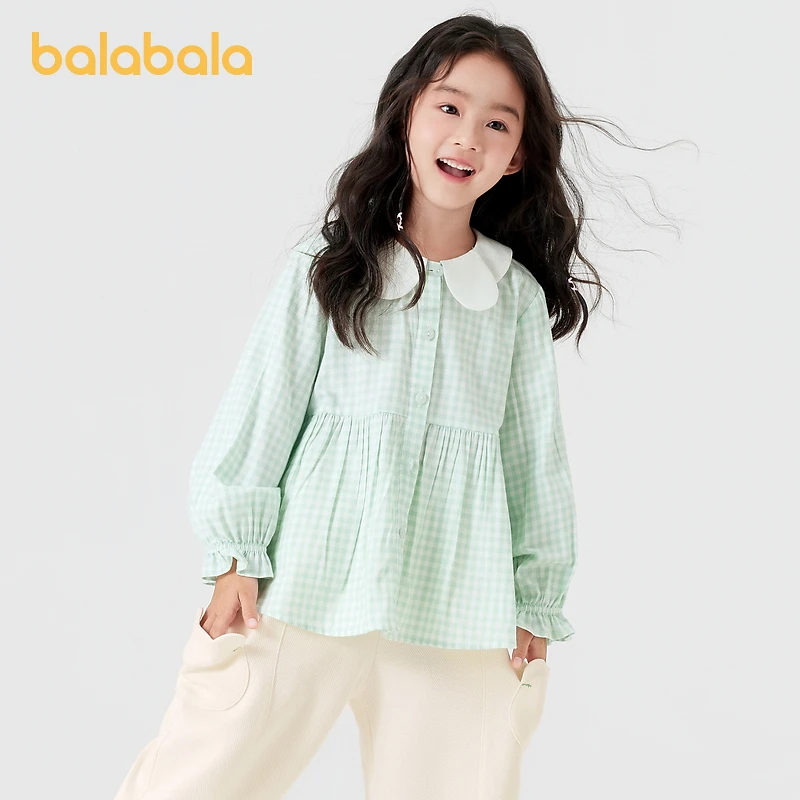 巴拉巴拉童装儿童长袖衬衫女童秋装甜美可爱文艺格子上衣小童翻领