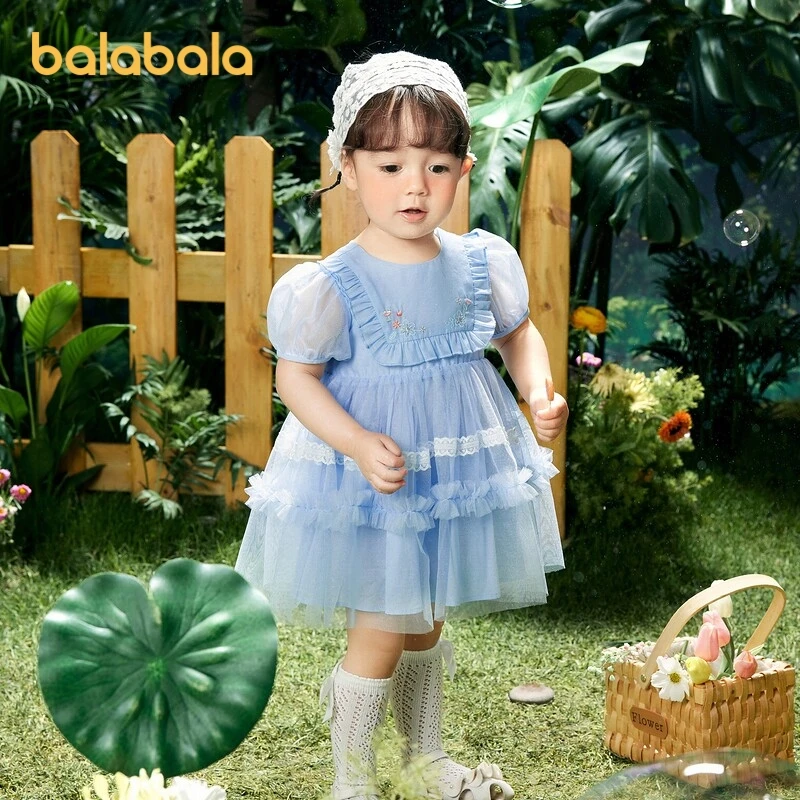巴拉巴拉女婴童连衣裙夏季女童泡泡袖洋气网纱长裙子拉链开背休闲