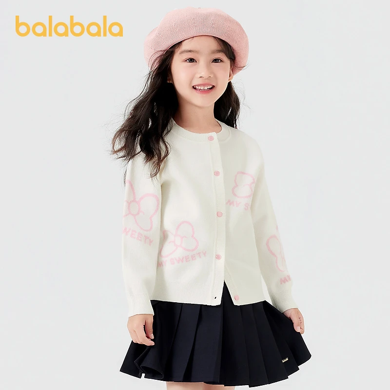 巴拉巴拉儿童针织衫女童毛衫秋装新款开衫蝴蝶结公主风洋气白色